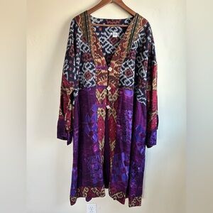 BALI BLUE Open Front Duster Kimono Robe OS BOHO Colorful Kaftan Art Heavy Gypsy